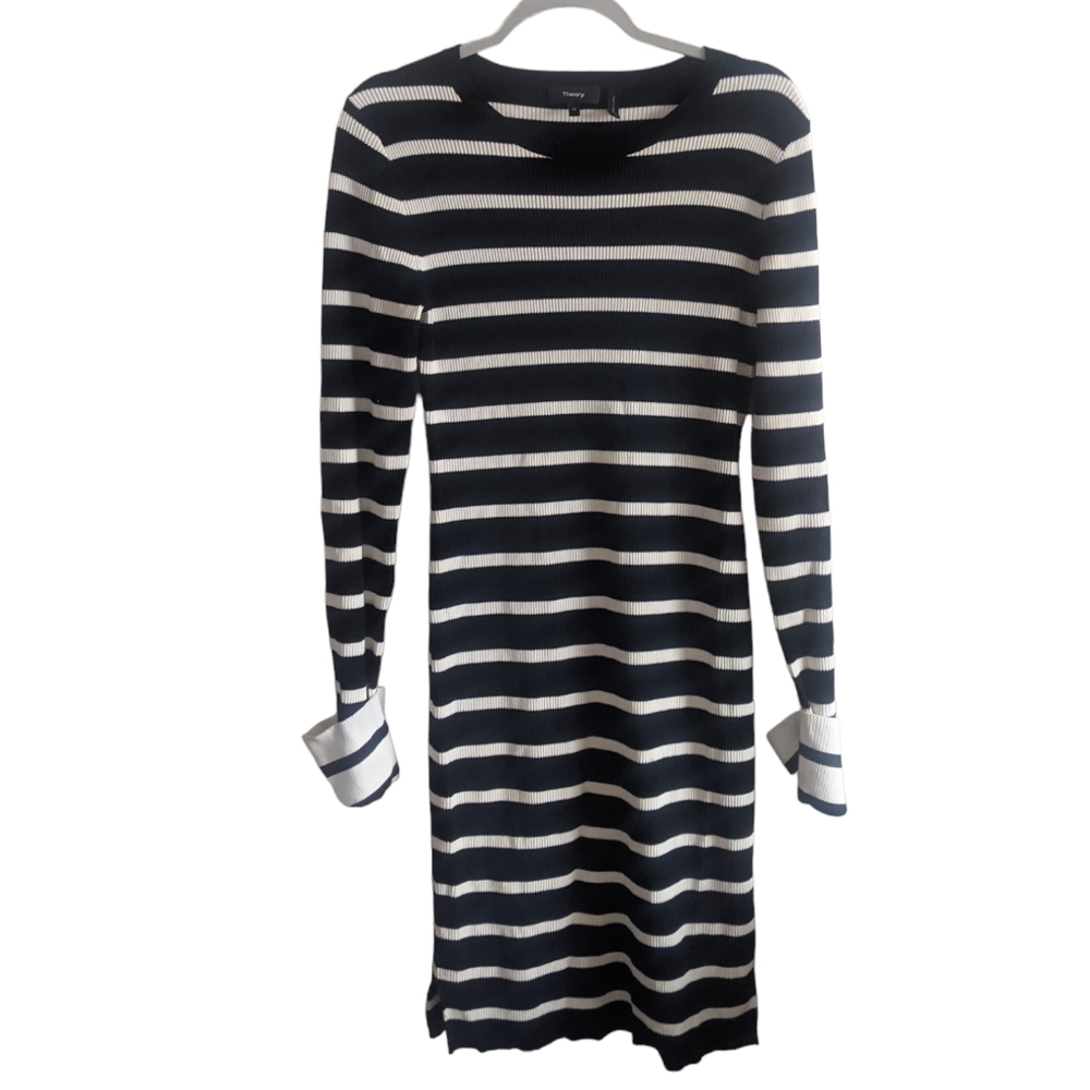 THEORY Black & White Striped Crewneck Sheath Knit Dress.